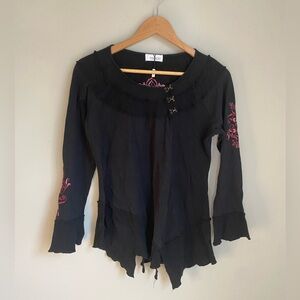 Symmetry Embroidered Asymmetrical Drape Black Top Medium Whimsygoth Grunge Fairy
